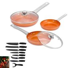 3-CONJUNTO DE PANELAS DE COBRE PARA FORNO + CONJUNTO DE TRÊS FACAS